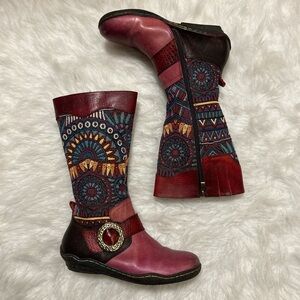 Vtg Retro Multicolor Socofy Mid Calf Paisley Boots 10